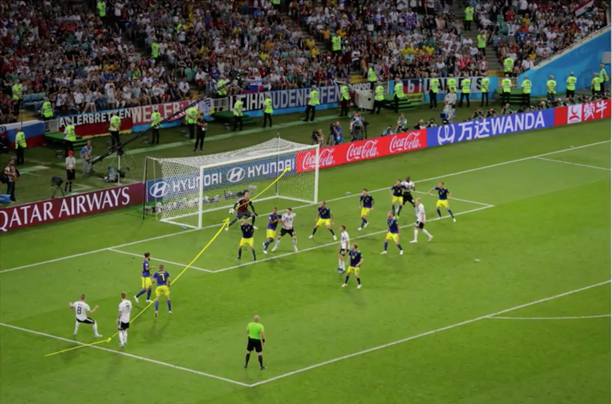 Screenshot from an article on the New York Times website.  Diagrams a soccer play from the world cup.