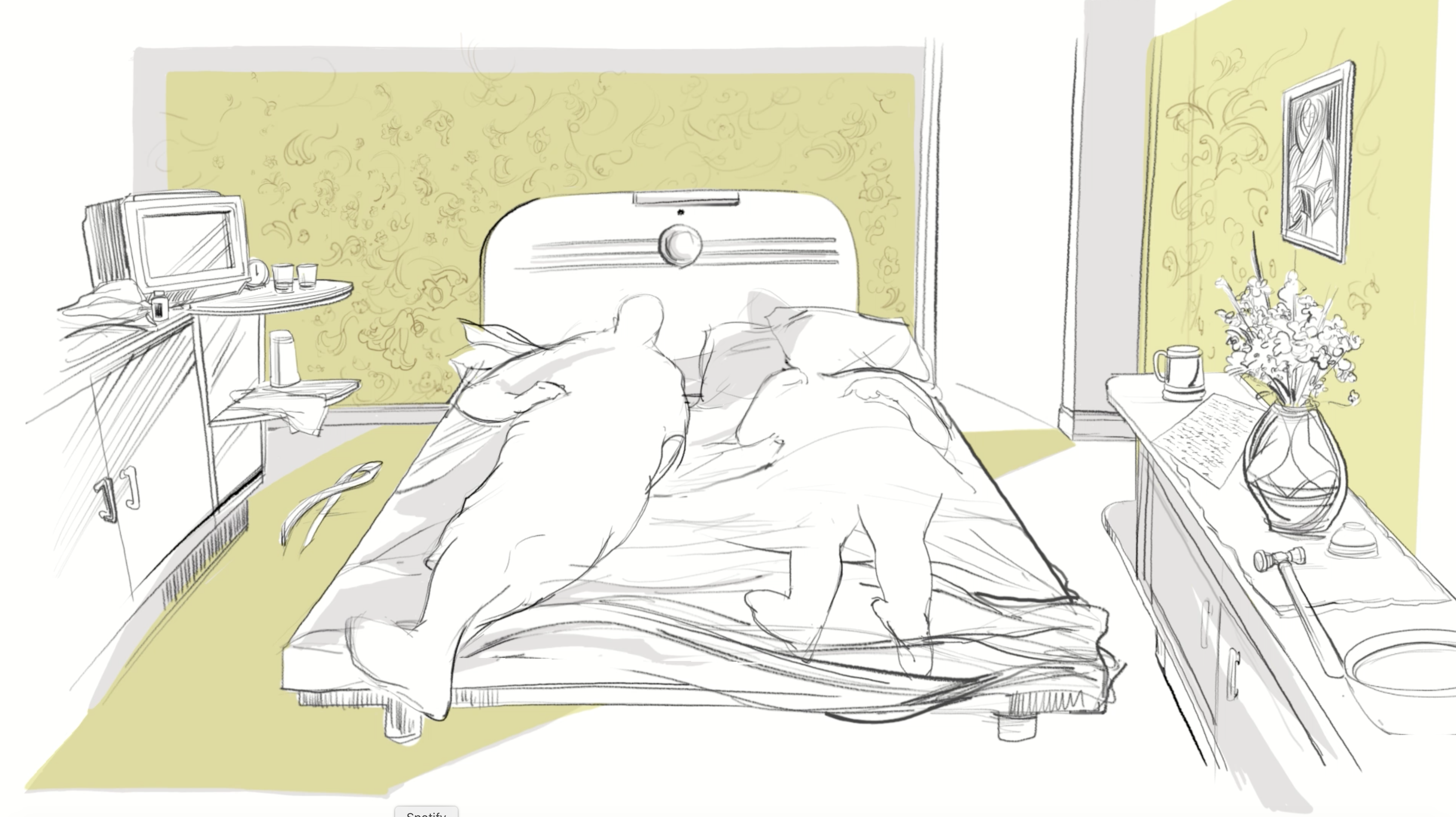 Screenshot from the London Times insight investigation.  Depicts a crime scene with clues. Made in mental canvas